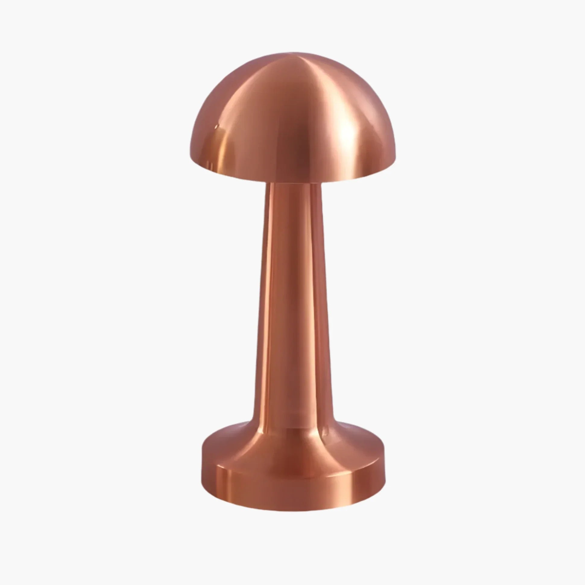 Copper-colored mushroom-shaped table lamp with a smooth metallic finish.