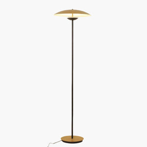 Modern floor lamp with a thin black stand and a wide, flat circular shade.