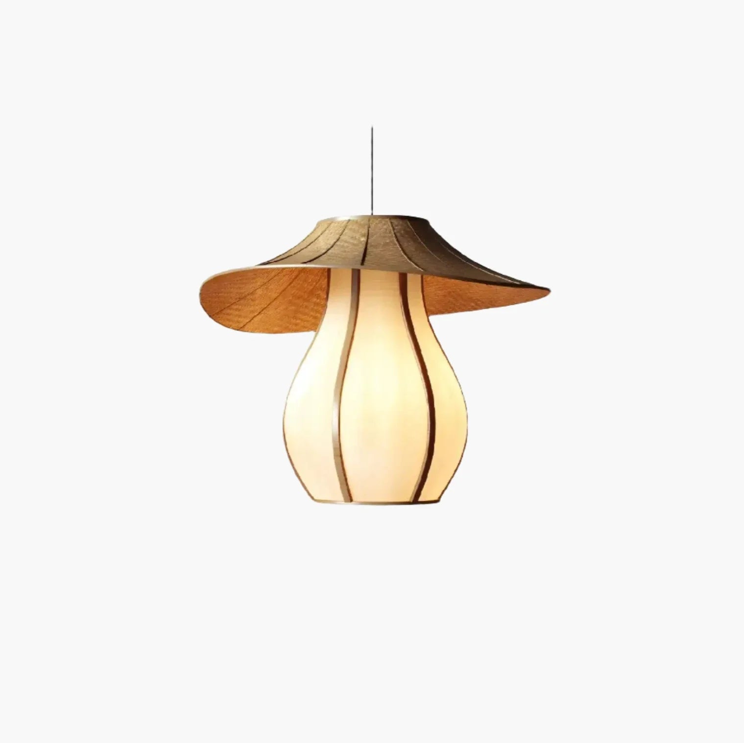 Mushroom-shaped pendant lamp with a fabric shade and wooden cap.