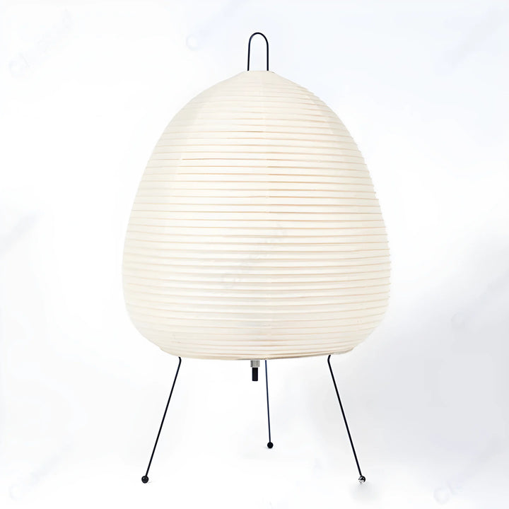 Egg-shaped paper lantern lamp on thin metal tripod legs.