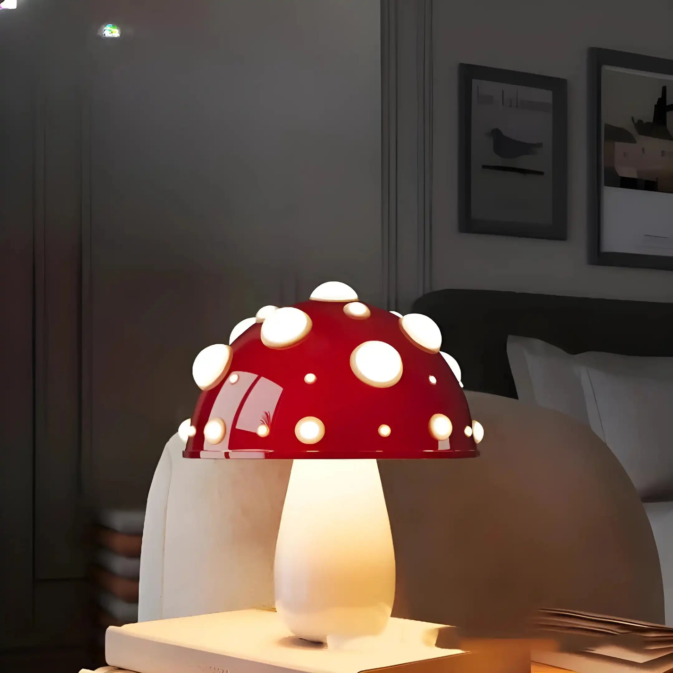 Red and white mushroom-shaped table lamp with a glowing base.