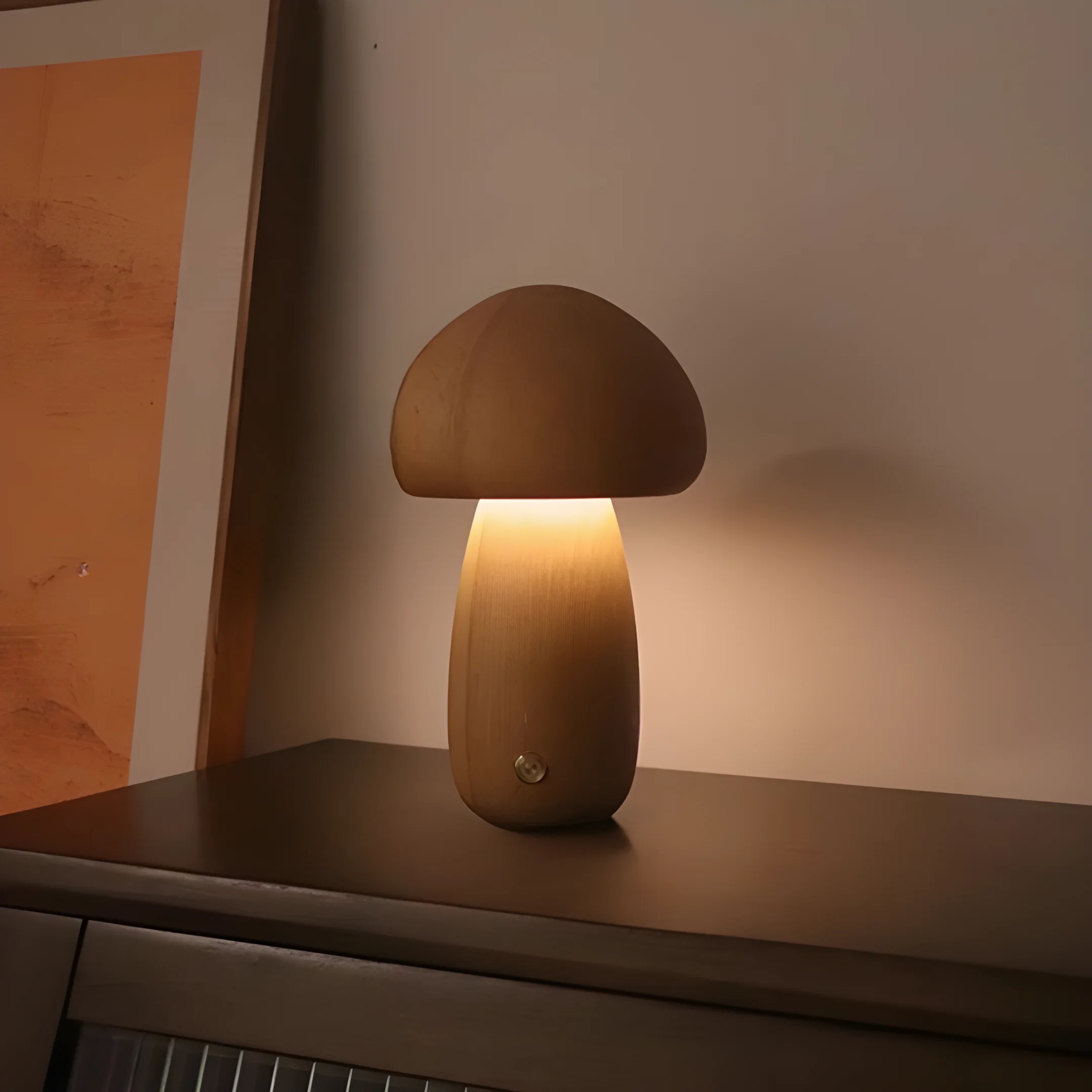 Mushroom-shaped lamp emitting a warm glow.