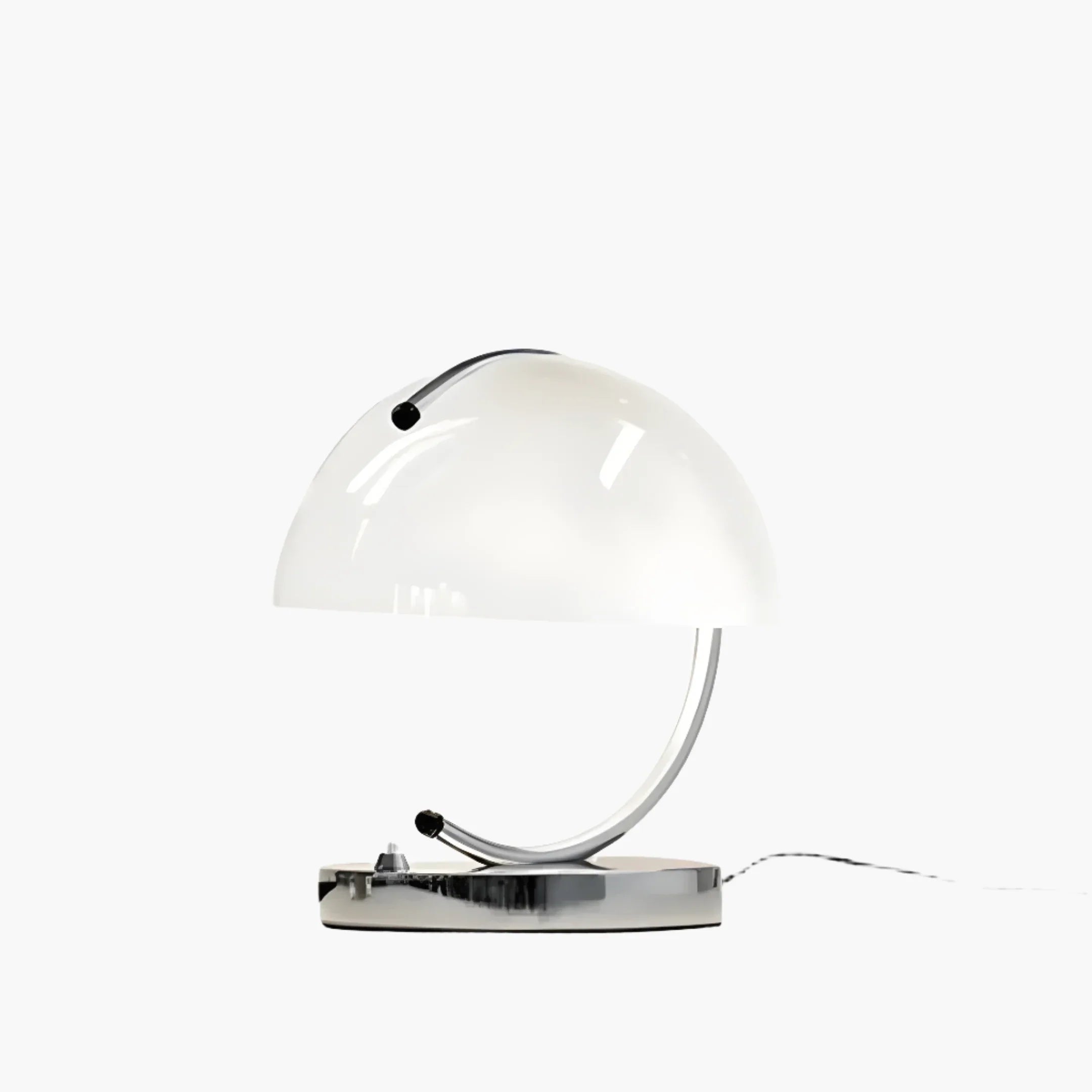 Curved desk lamp with a white dome-shaped shade on a metal base.