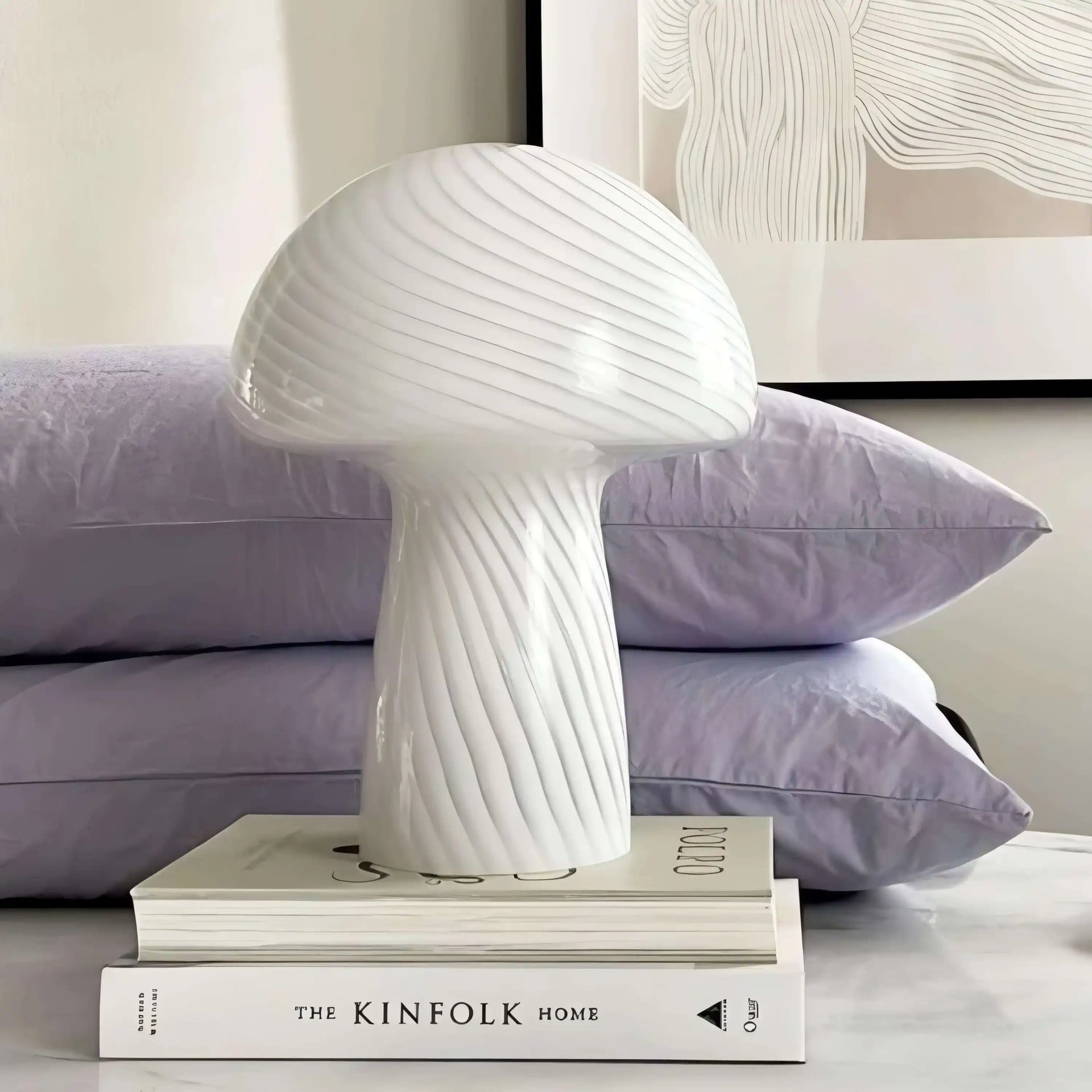 White mushroom-shaped table lamp with a ribbed texture.