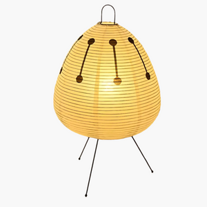 Egg-shaped yellow paper lantern with thin metal legs.